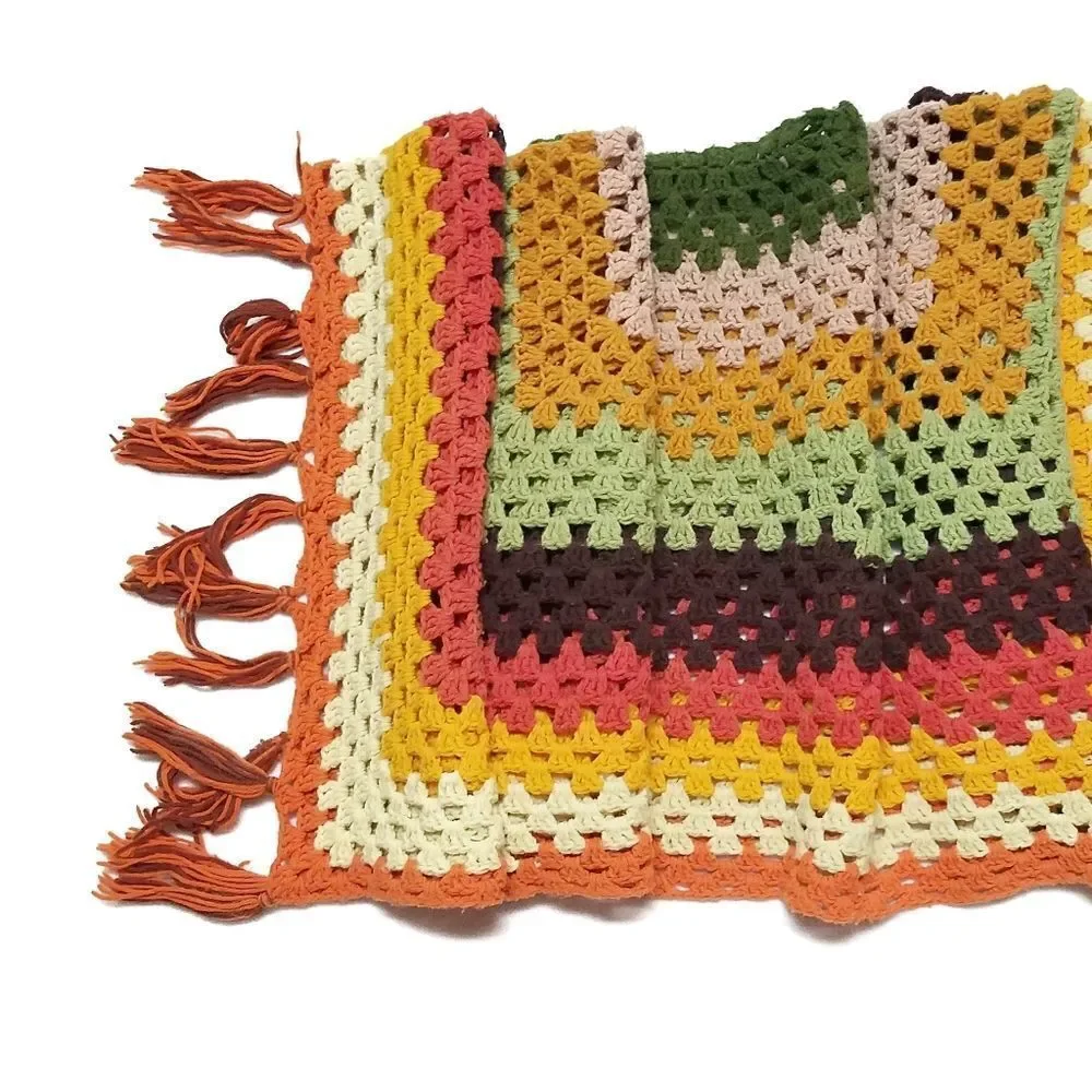 VINTAGE 1970s Handmade Crochet Fall Fringe Granny Square Afghan Throw Blanket